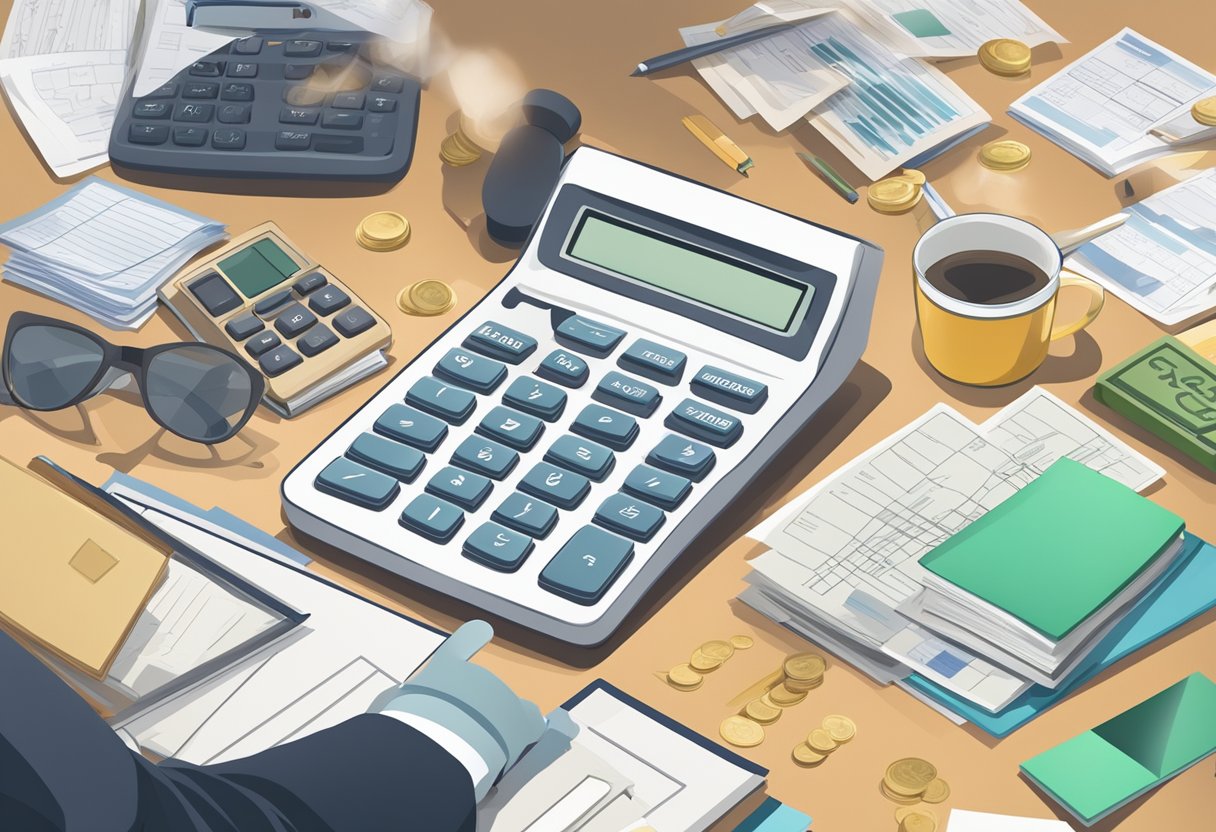A person using a loan calculator, surrounded by financial planning tools and documents, with a focused and determined expression