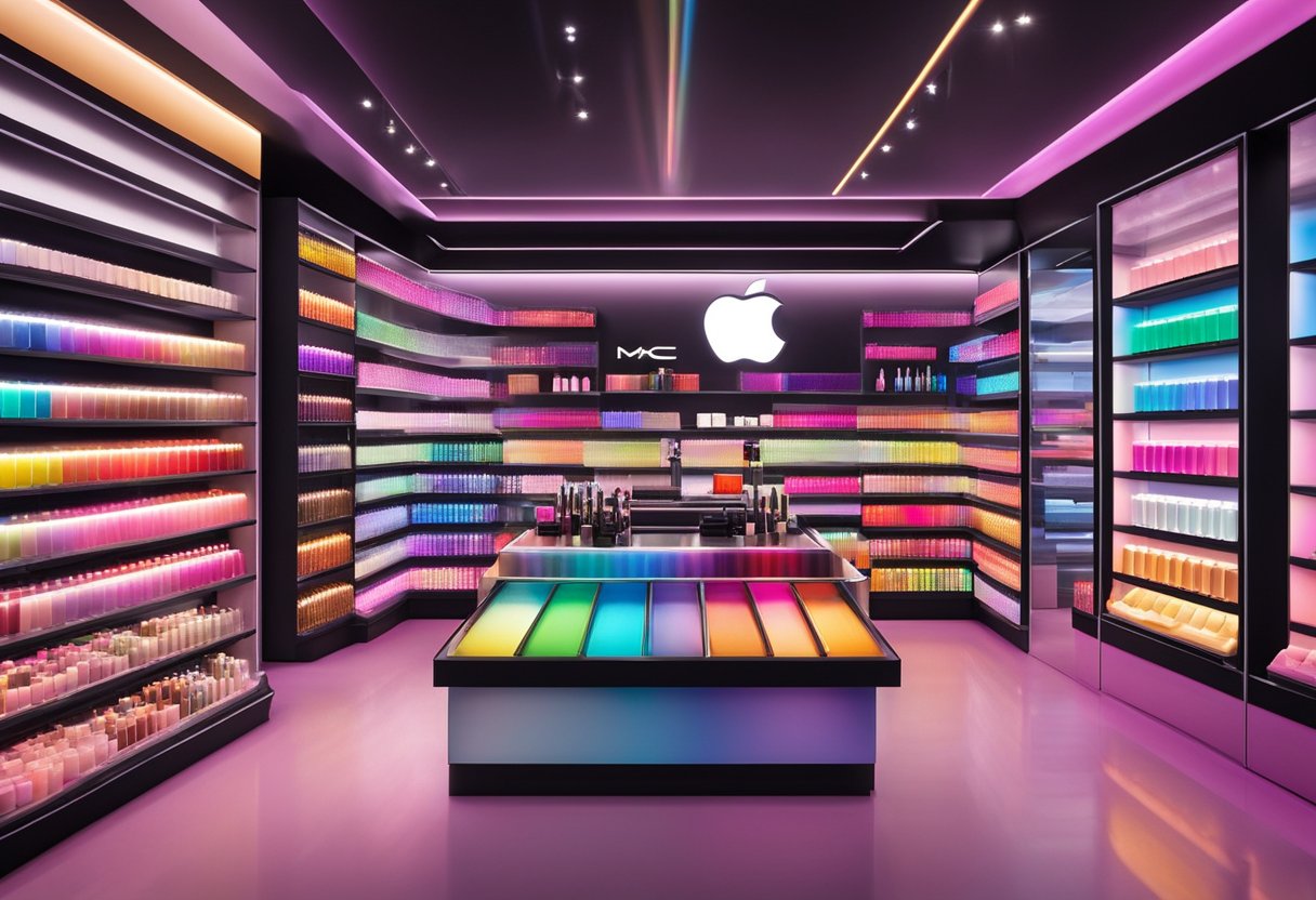 A vibrant display of MAC Cosmetics products in a sleek, modern store in Singapore. Bright lights illuminate the colorful makeup palettes and lipstick tubes, while the brand's iconic logo adorns the backdrop
