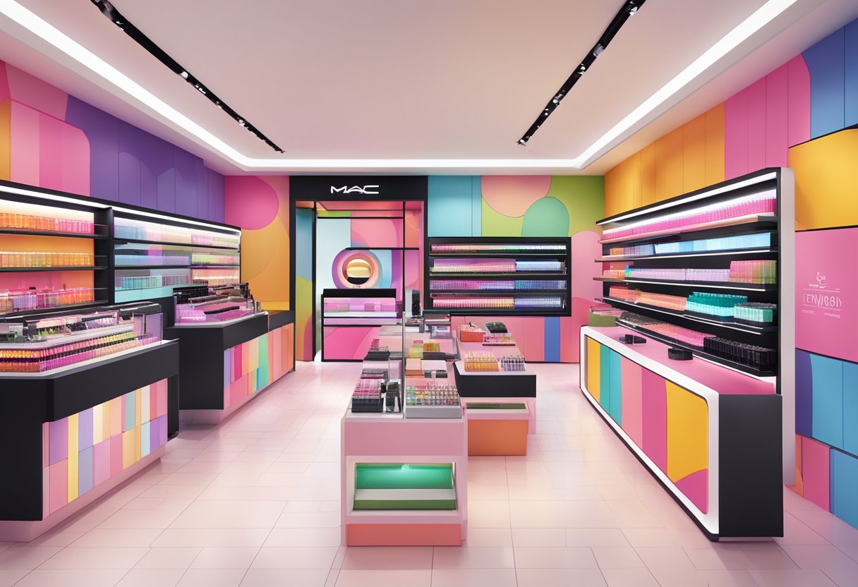 A vibrant M·A·C Cosmetics store in Singapore, featuring bold signage and sleek displays showcasing their products