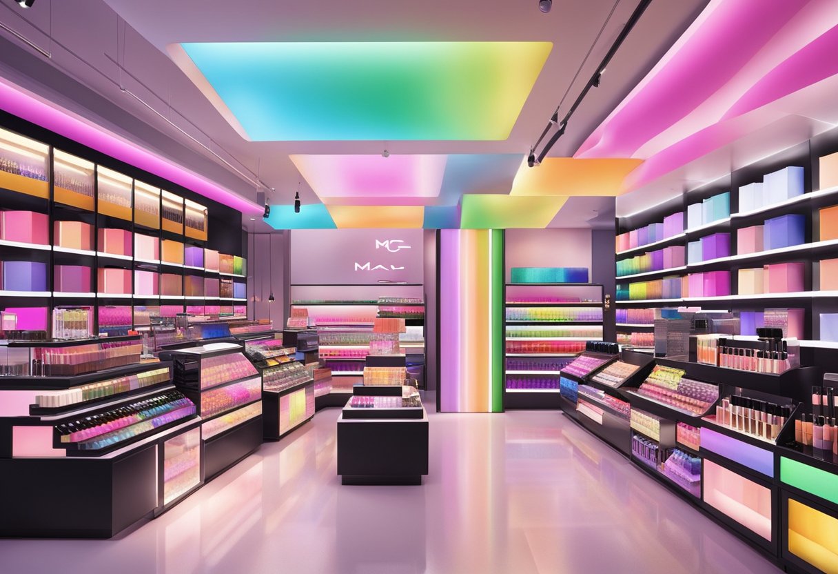A vibrant M·A·C cosmetics store in Singapore, with colorful displays of makeup products, bright lighting, and stylish packaging