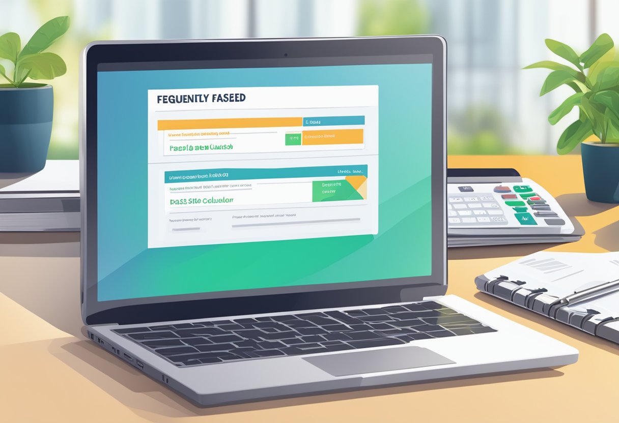A laptop displaying a loan calculator website with the words "Frequently Asked Questions" highlighted in bold