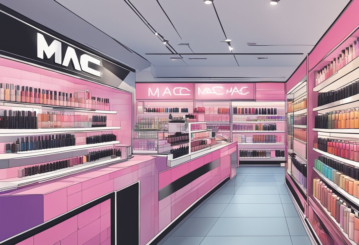 A display of Mac cosmetics products with a "Frequently Asked Questions" sign in a Singaporean store