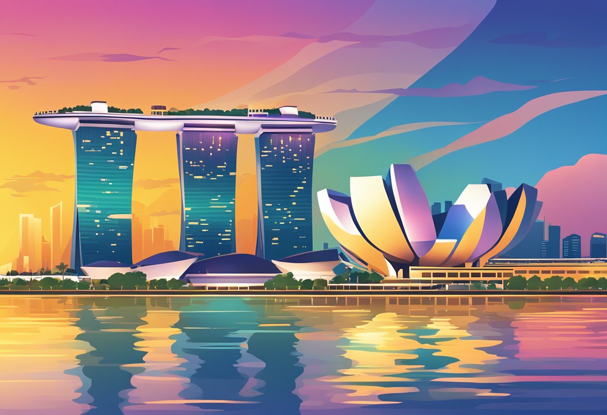 The iconic skyline of Singapore with its modern skyscrapers and the Marina Bay Sands hotel, set against a backdrop of a vibrant sunset