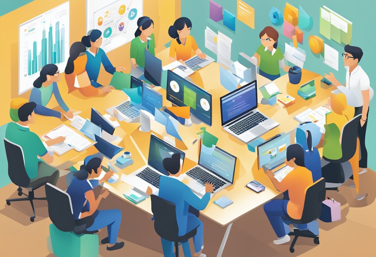 A group of people participating in various programmes and initiatives organized by SSG Singapore. Displays of teamwork and learning in a vibrant setting
