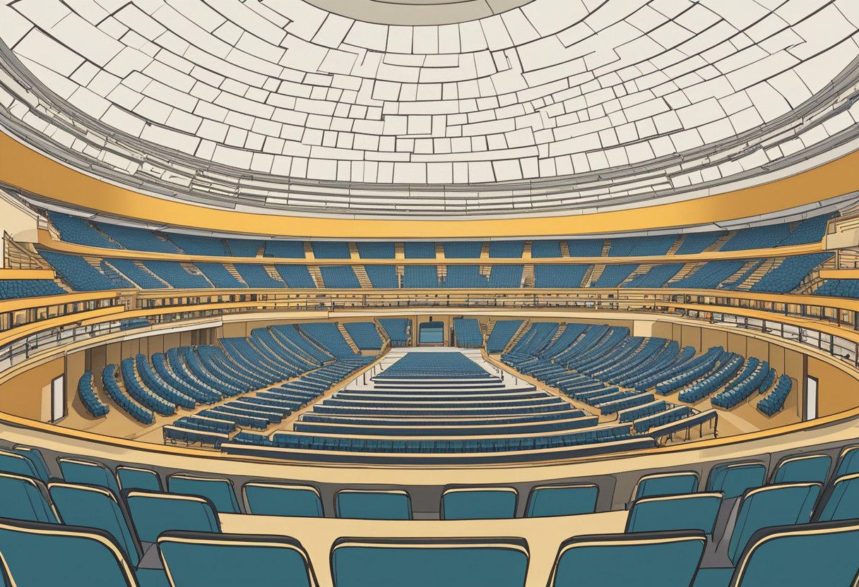 The venue is filled with rows of seats, arranged in a circular pattern around the stage. The seating plan indicates numbered sections and aisles for easy access