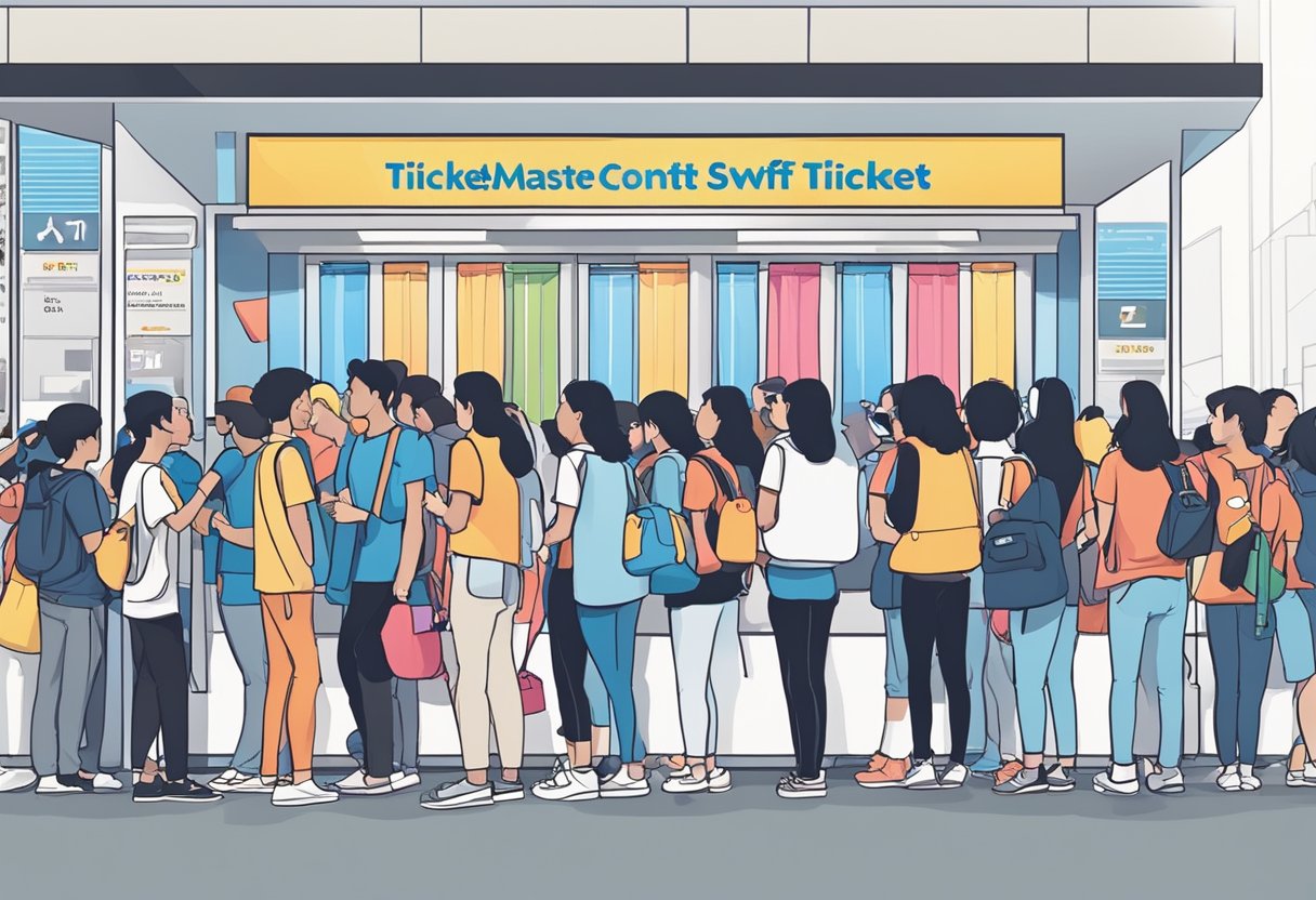 A crowd of excited fans lines up outside the Ticketmaster booth in Singapore, eagerly waiting to purchase tickets for the upcoming Taylor Swift concert