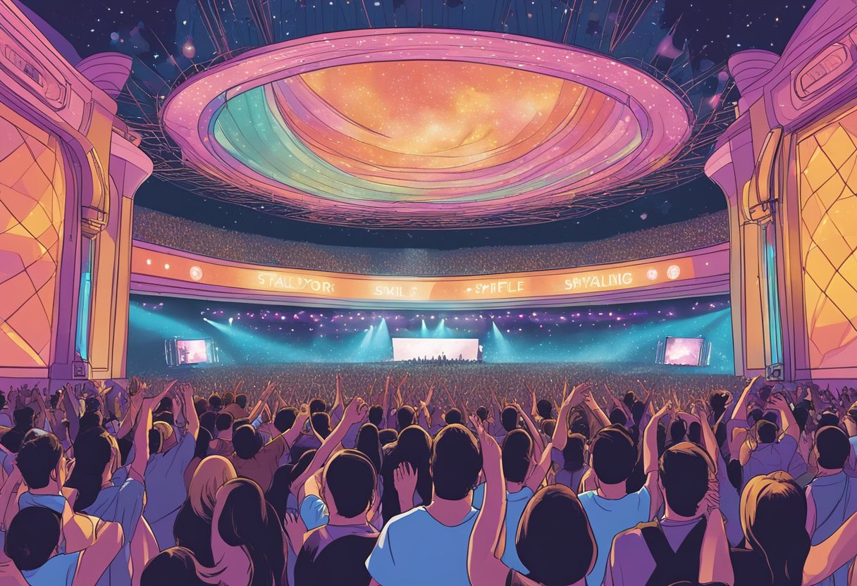 A crowded concert venue with Taylor Swift performing on stage in Singapore. Bright lights, cheering fans, and a lively atmosphere