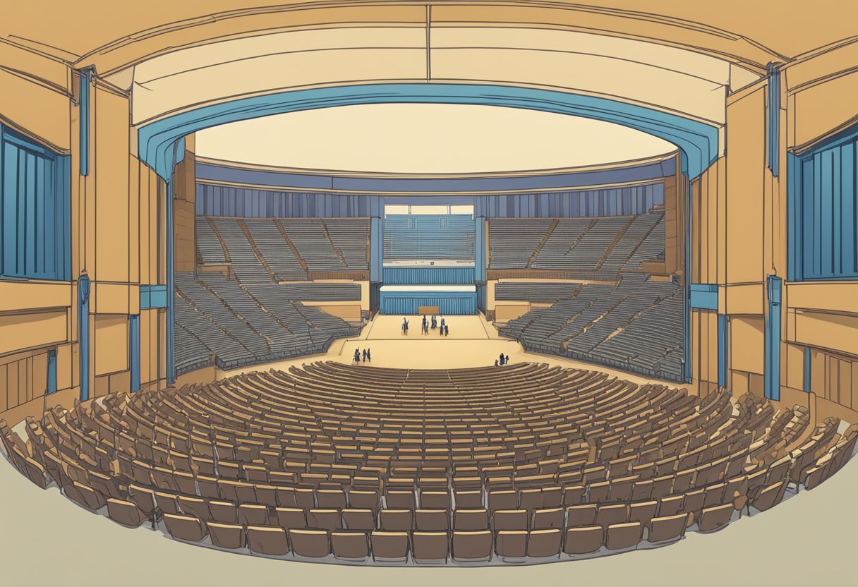 Concert seating plan with labeled sections and rows, stage at center. Audience area filled with seats and standing room