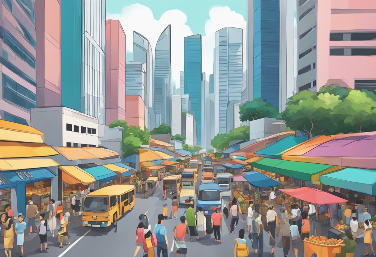 A bustling city street in Singapore, with modern skyscrapers towering over colorful markets and busy traffic below