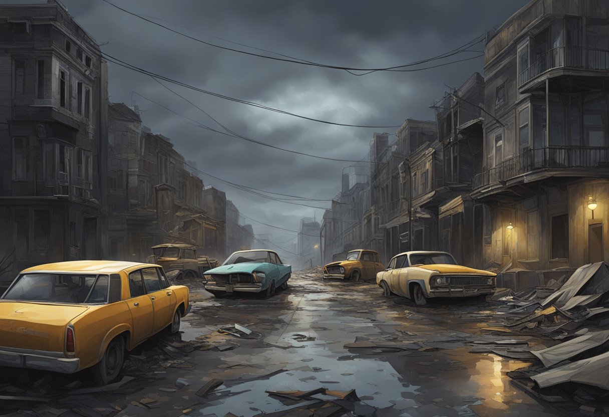 A desolate city street, littered with debris and abandoned vehicles, under a dark and brooding sky. Buildings show signs of damage and neglect, evoking a sense of resignation and aftermath