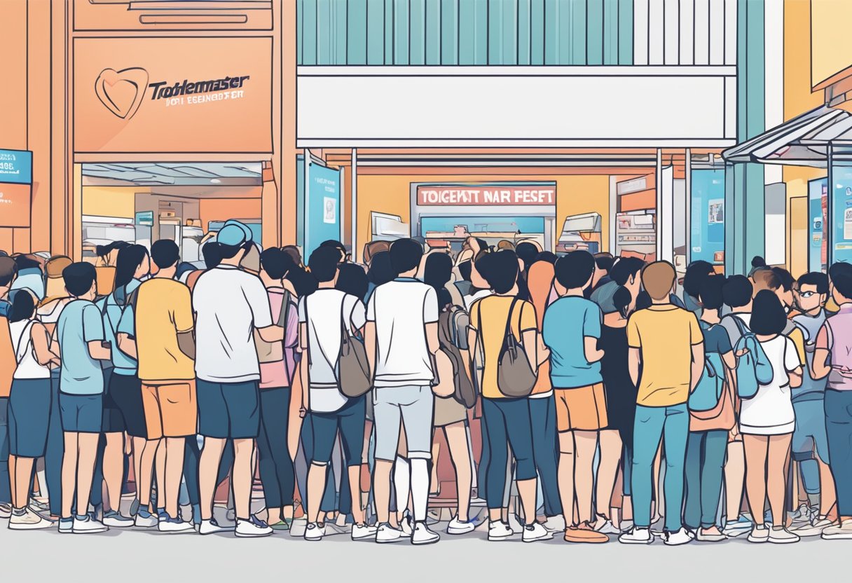 A crowd of excited fans line up at the Ticketmaster booth in Singapore, eagerly purchasing tickets for the upcoming Taylor Swift concert