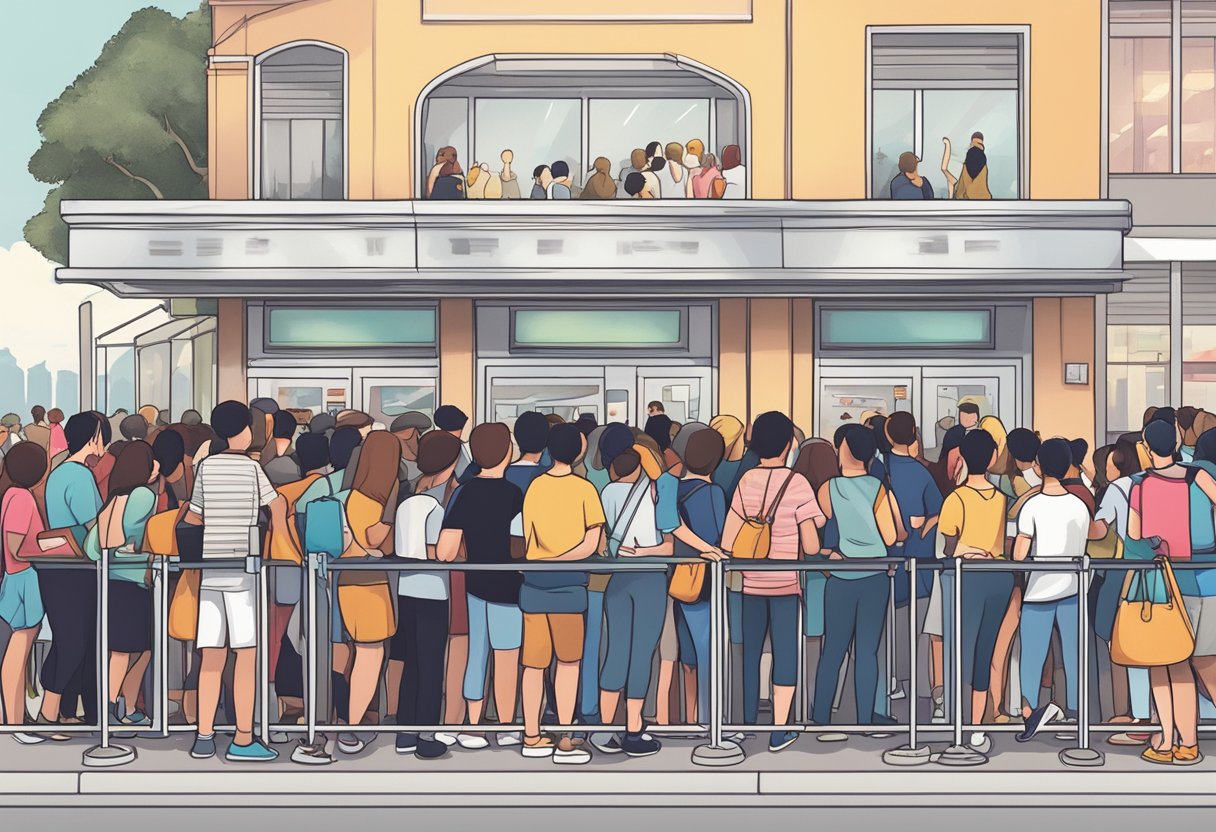 A crowd of excited fans lines up outside the ticket booth, eagerly waiting to purchase tickets for Taylor Swift's upcoming concert in Singapore