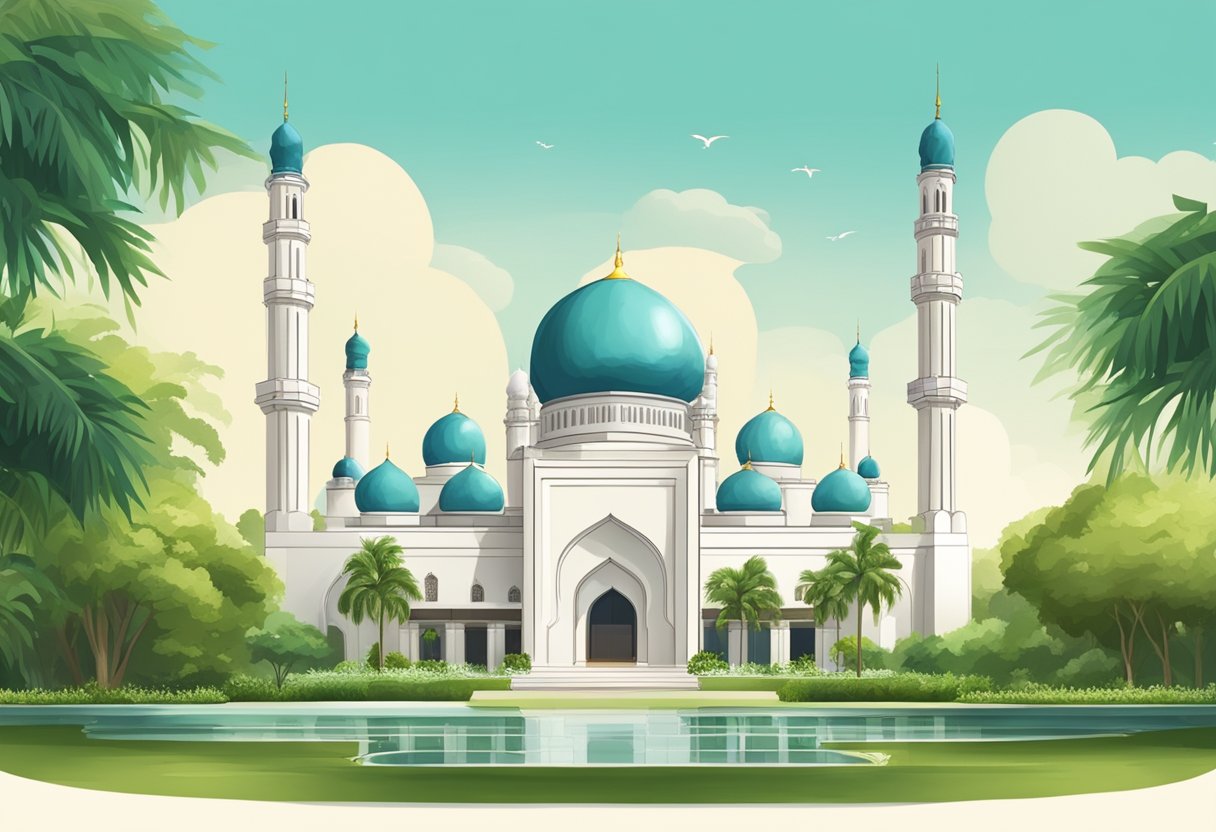 A grand mosque in Singapore, with intricate domes and minarets, surrounded by lush greenery and a peaceful atmosphere