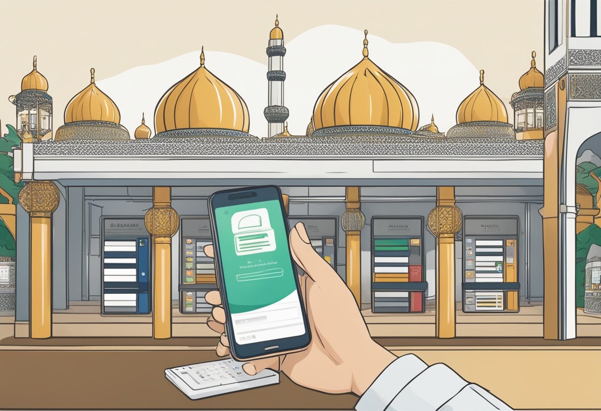 A person using a smartphone to book a slot at a mosque in Singapore. The screen shows available time slots and the person is selecting one