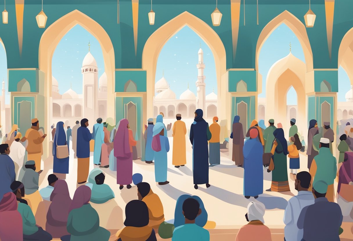 People gather at a mosque for community events and development programs. The space is filled with diverse individuals engaging in various activities