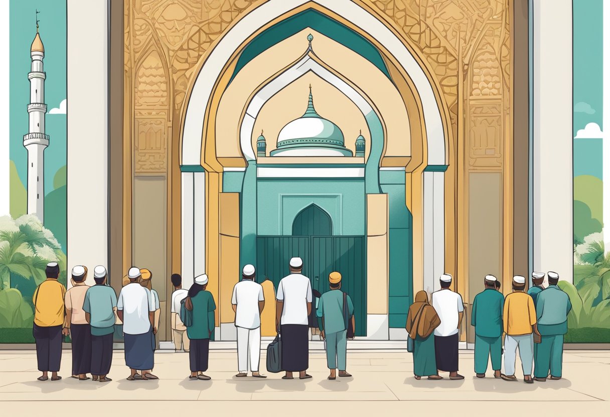 A group of people standing in front of a mosque in Singapore, with a sign displaying "Frequently Asked Questions mosque booking" prominently displayed