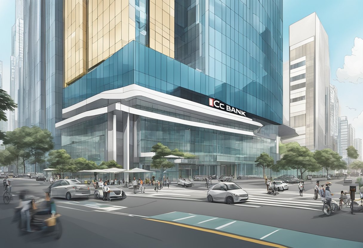 The ICBC Bank in Singapore stands tall with its modern architecture, featuring sleek lines and a prominent logo. The surrounding area is bustling with activity, with people coming and going from the bank