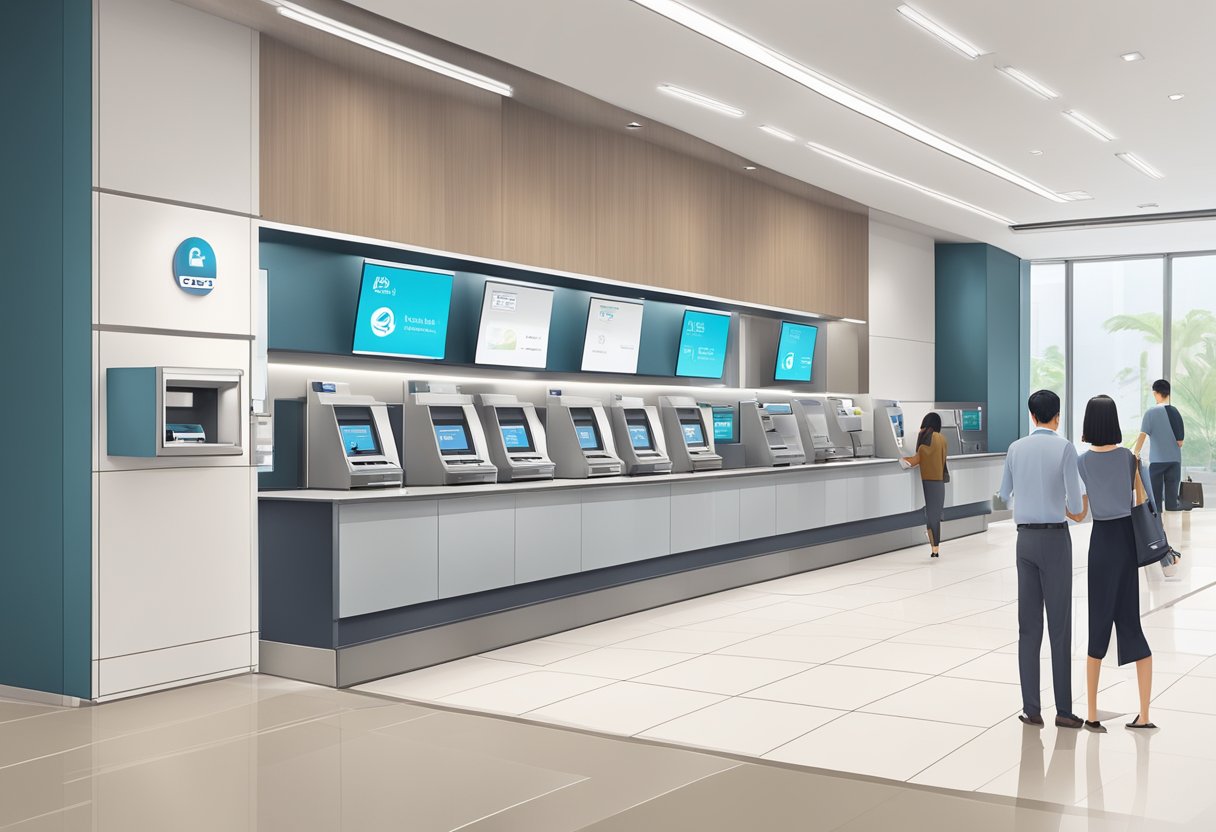 A modern, sleek bank branch in Singapore with ICBC signage, customers using ATMs, and staff assisting at teller counters