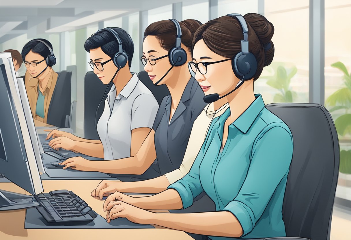 A customer service representative assists a client at an ICBC bank branch in Singapore. The representative is providing information and support to the client