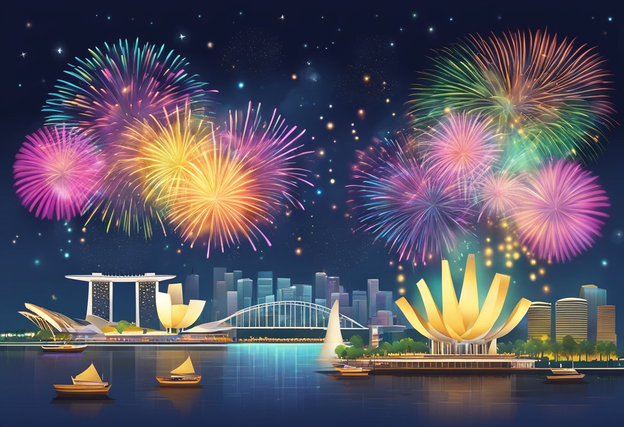 Colorful fireworks light up the night sky over Marina Bay. Crowds gather to watch the stunning display, as music and laughter fill the air