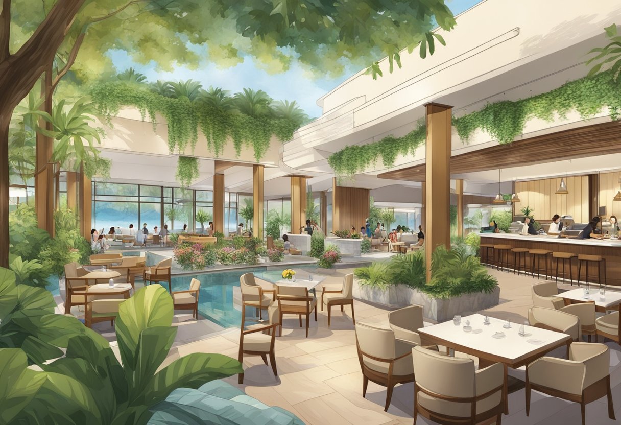 The hotel lobby bustles with guests checking in, while the restaurant offers a variety of cuisines. The pool area is surrounded by lush greenery, and the rooms boast modern amenities