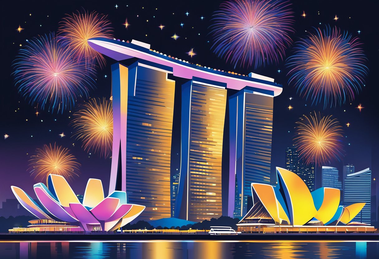 Vibrant fireworks illuminate the night sky over the Marina Bay Sands, as crowds gather to watch the dazzling display. The iconic Singapore Flyer and city skyline provide a stunning backdrop for the festive celebration