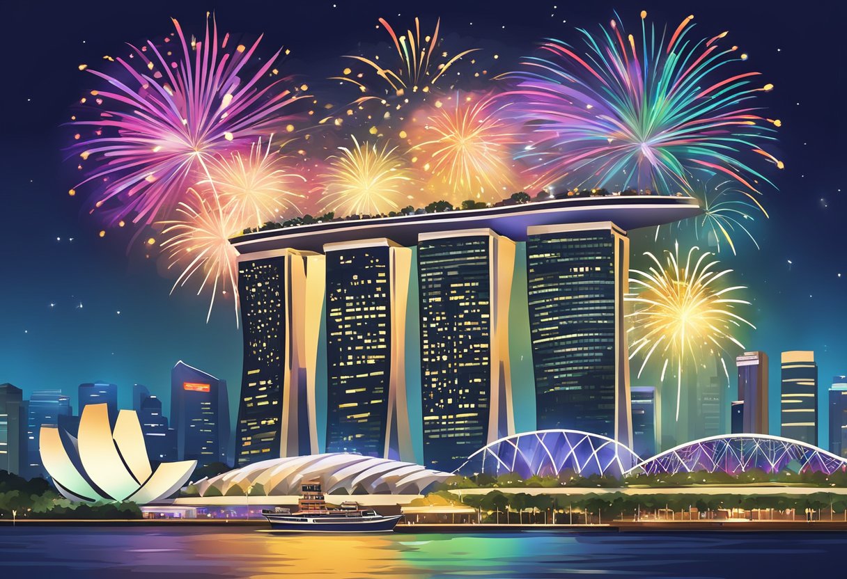 Colorful fireworks light up the night sky over iconic landmarks in Singapore as crowds gather to celebrate the arrival of the new year