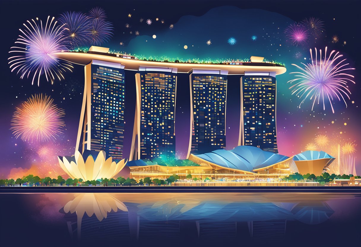 Colorful fireworks lighting up the night sky over the iconic Marina Bay Sands, with crowds of people gathered to watch the dazzling display