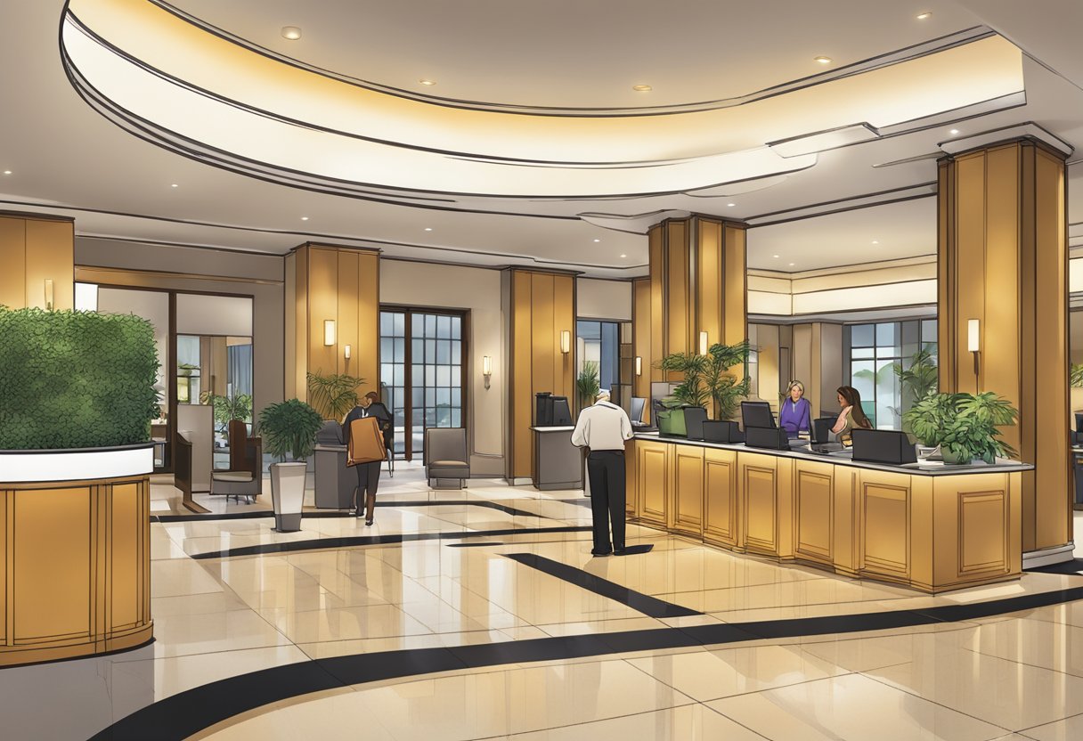 The hotel lobby bustles with guests seeking information at the "Frequently Asked Questions" desk. A sleek, modern design and warm lighting create a welcoming atmosphere