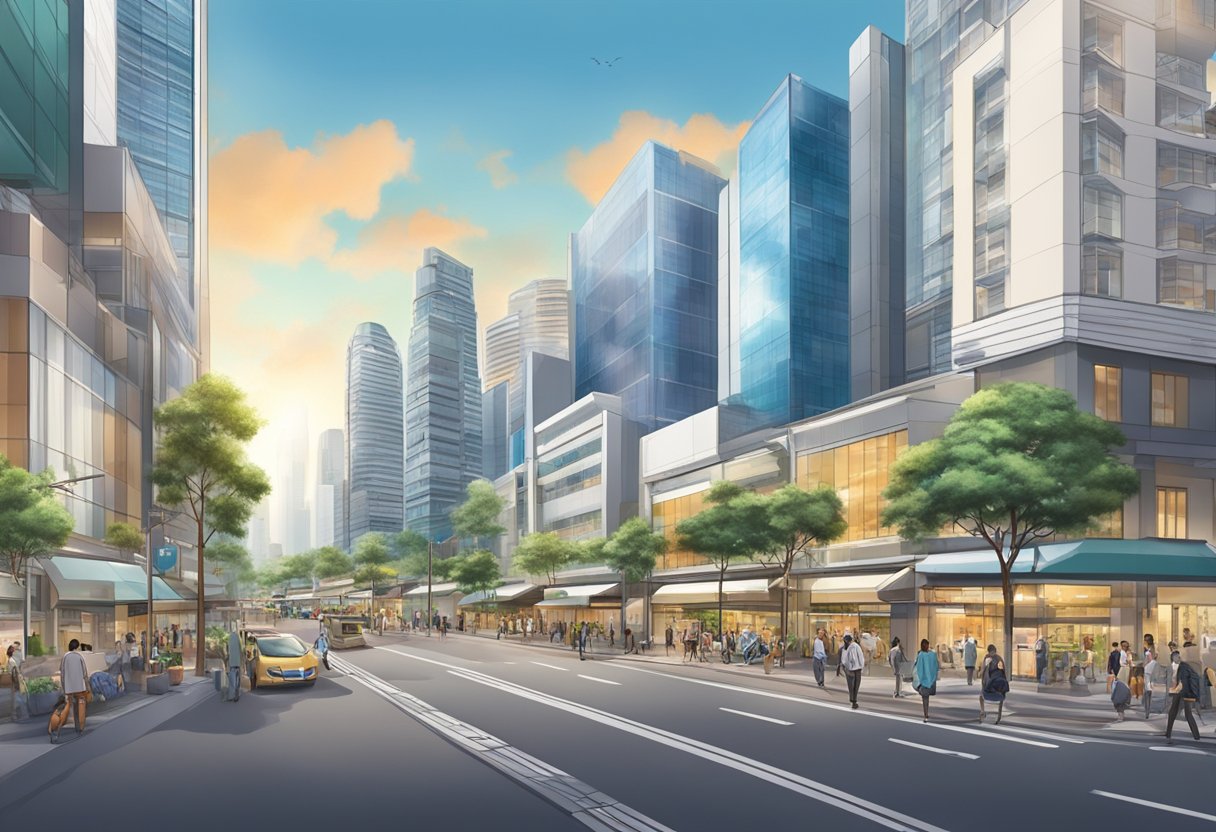A bustling cityscape with modern buildings and vibrant street life in Omron Singapore