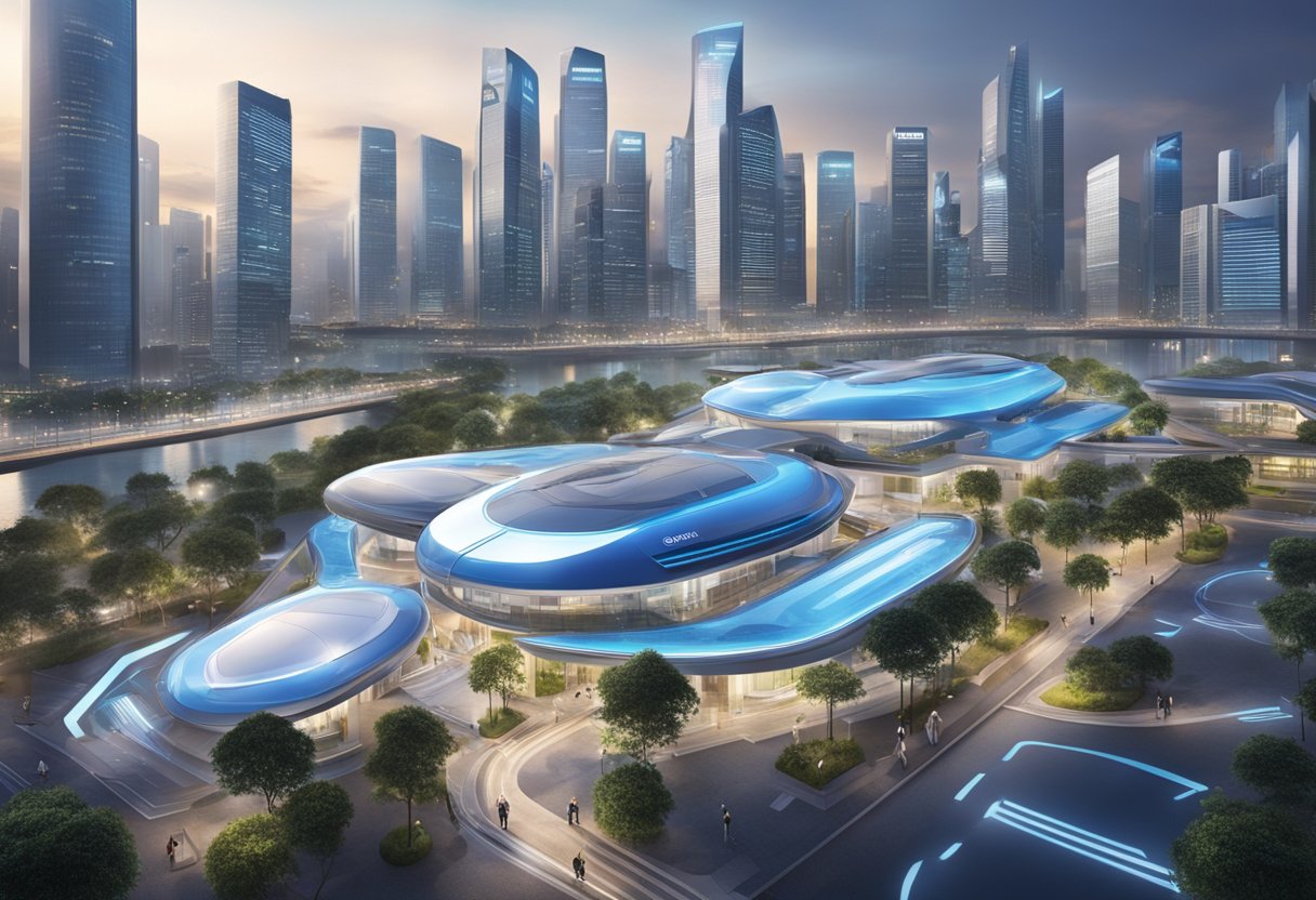 A futuristic cityscape with Omron products integrated into everyday life, showcasing innovation and technology in Singapore