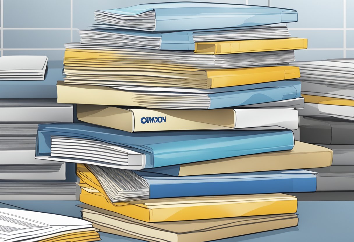 A stack of FAQ brochures with Omron logo, surrounded by customer inquiries and a helpful customer service representative