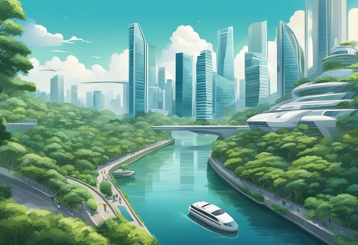 A bustling cityscape with futuristic architecture, juxtaposed with lush greenery and serene waterways, captures the paradox of Singapore