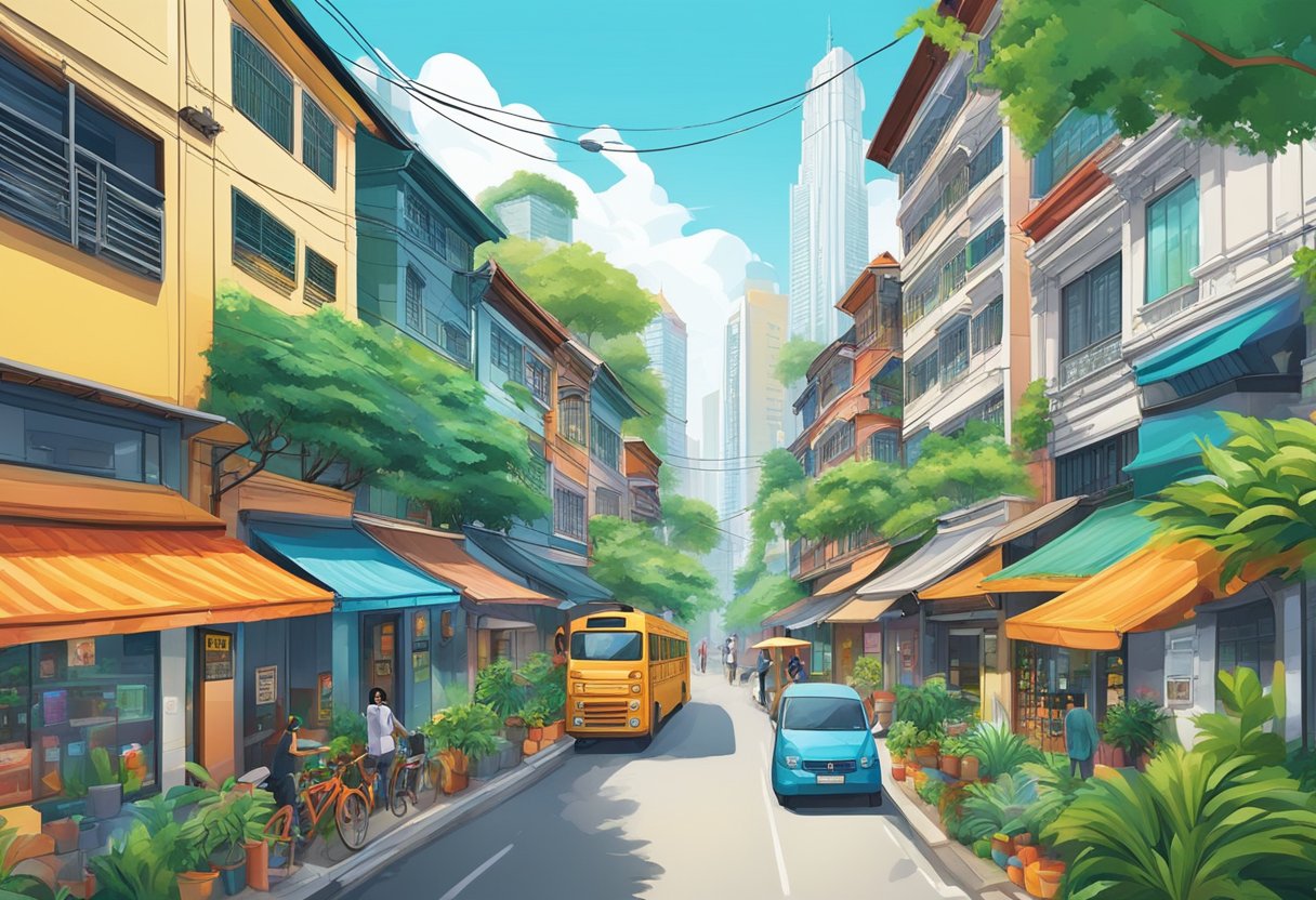 A bustling cityscape with modern skyscrapers juxtaposed against traditional shophouses, vibrant street art, and lush greenery