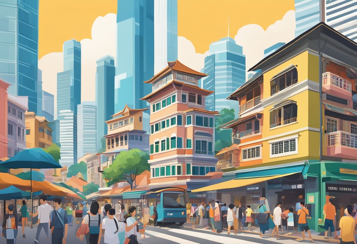 A bustling cityscape with modern skyscrapers and traditional shophouses, merging old and new architecture. The scene is filled with vibrant colors and bustling activity, capturing the paradox of service and experience in Singapore