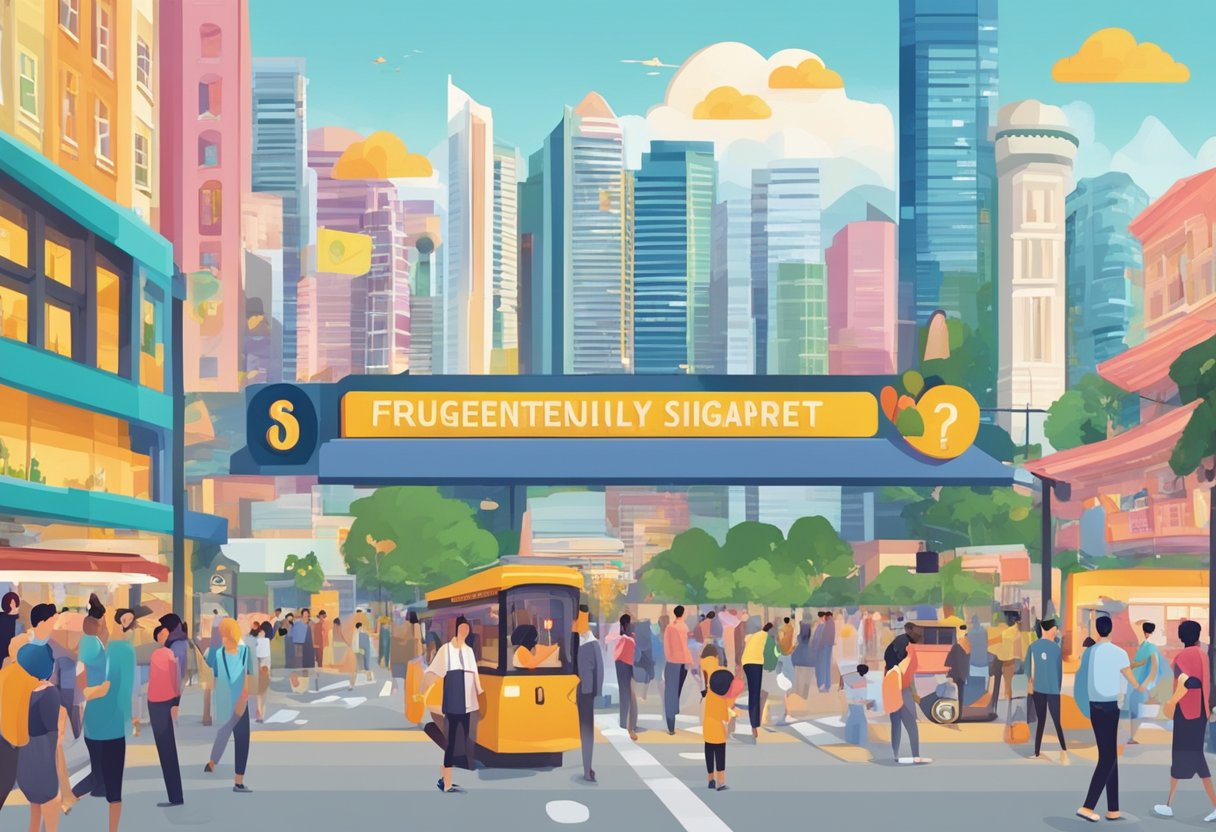 A colorful cityscape with iconic landmarks and a bustling crowd, with a prominent sign reading "Frequently Asked Questions" in the heart of Singapore