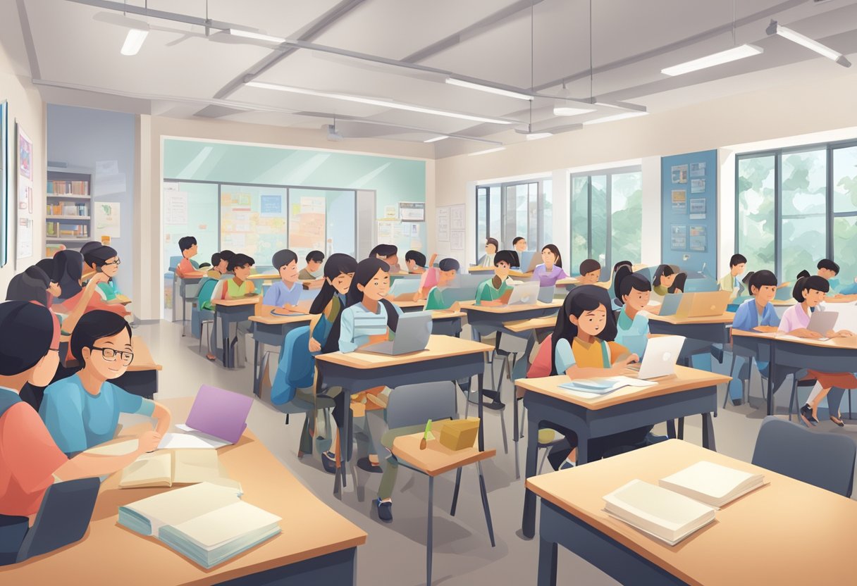 A bustling tuition center in Singapore, filled with students studying and interacting with teachers in a modern, well-lit classroom setting
