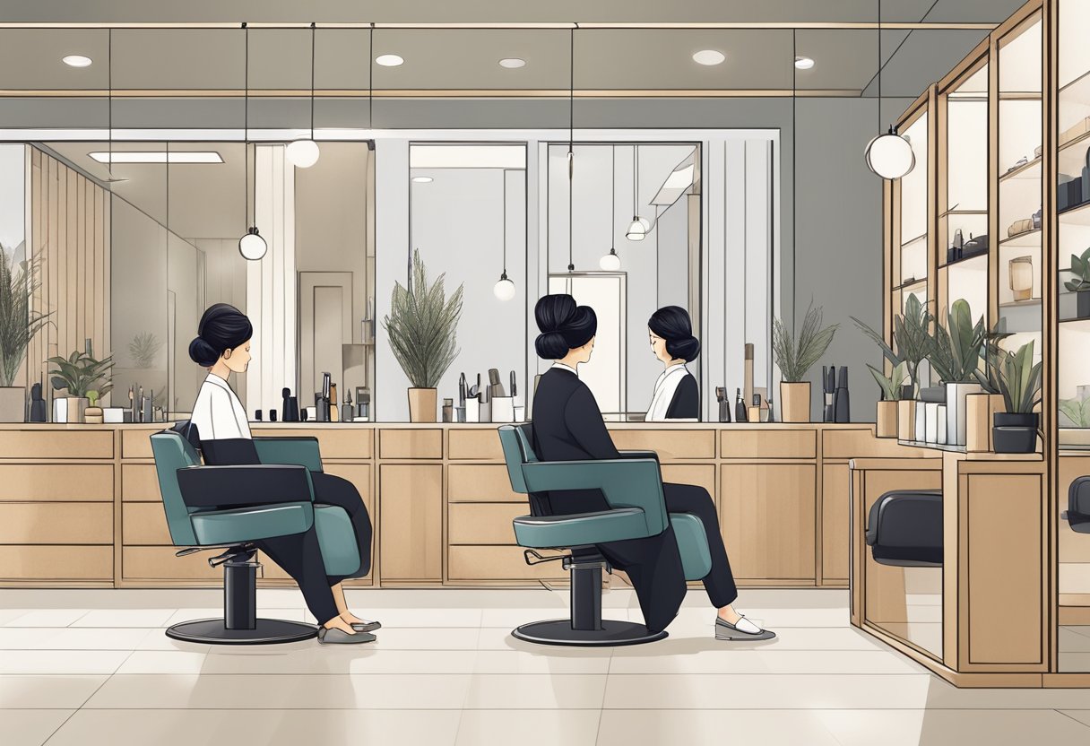 A customer sits in a modern Japanese hair salon chair, surrounded by sleek, minimalist decor. A stylist carefully selects tools from a tray, ready to start a new haircut or style