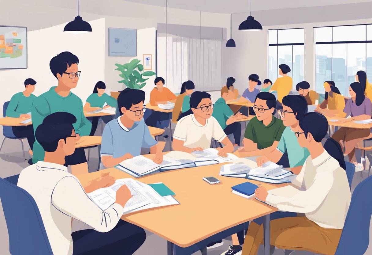 Students eagerly engage in small group discussions at various tuition centres in Singapore, surrounded by colorful educational materials and attentive instructors