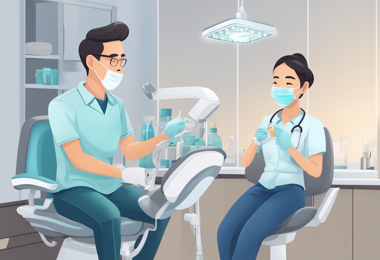 A smiling patient in a dentist's chair with a clear aligner in their mouth, while the dentist explains Invisalign treatment in Singapore