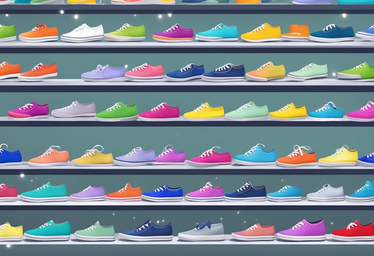 A colorful display of Keds shoes in a modern Singaporean mall, with bright lights and sleek shelves showcasing the latest styles