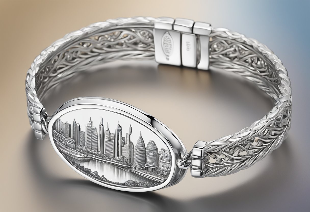 A sleek silver bracelet shines under the warm Singapore sun, adorned with intricate engravings of the city's iconic landmarks