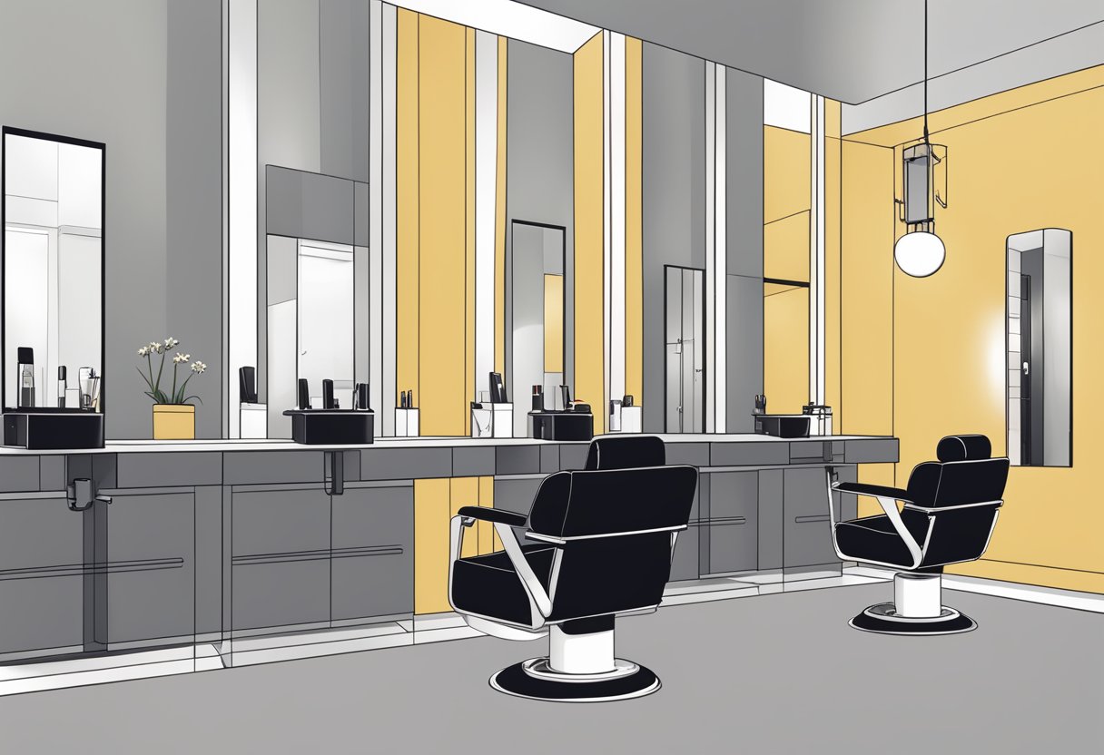 A sleek, modern Japanese hair salon with minimalist decor and cutting-edge styling equipment
