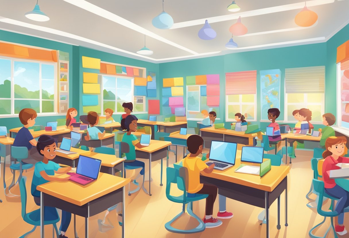 A bright, spacious classroom filled with colorful educational materials and modern technology, with students engaged in interactive learning activities