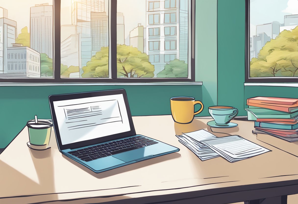 A table with a laptop, a stack of papers, and a pen. A sign with "Frequently Asked Questions Keds Singapore" displayed prominently