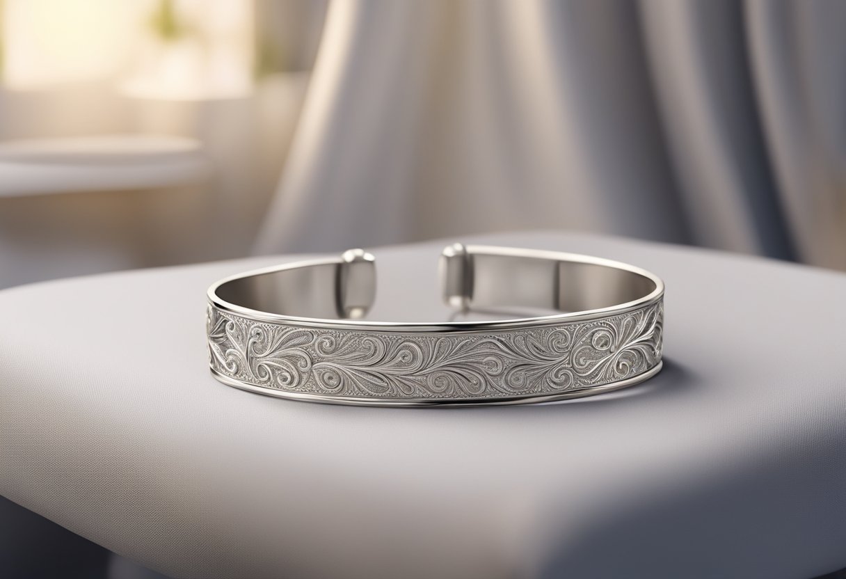 A sleek silver bracelet with intricate engravings, resting on a velvet cushion under soft lighting