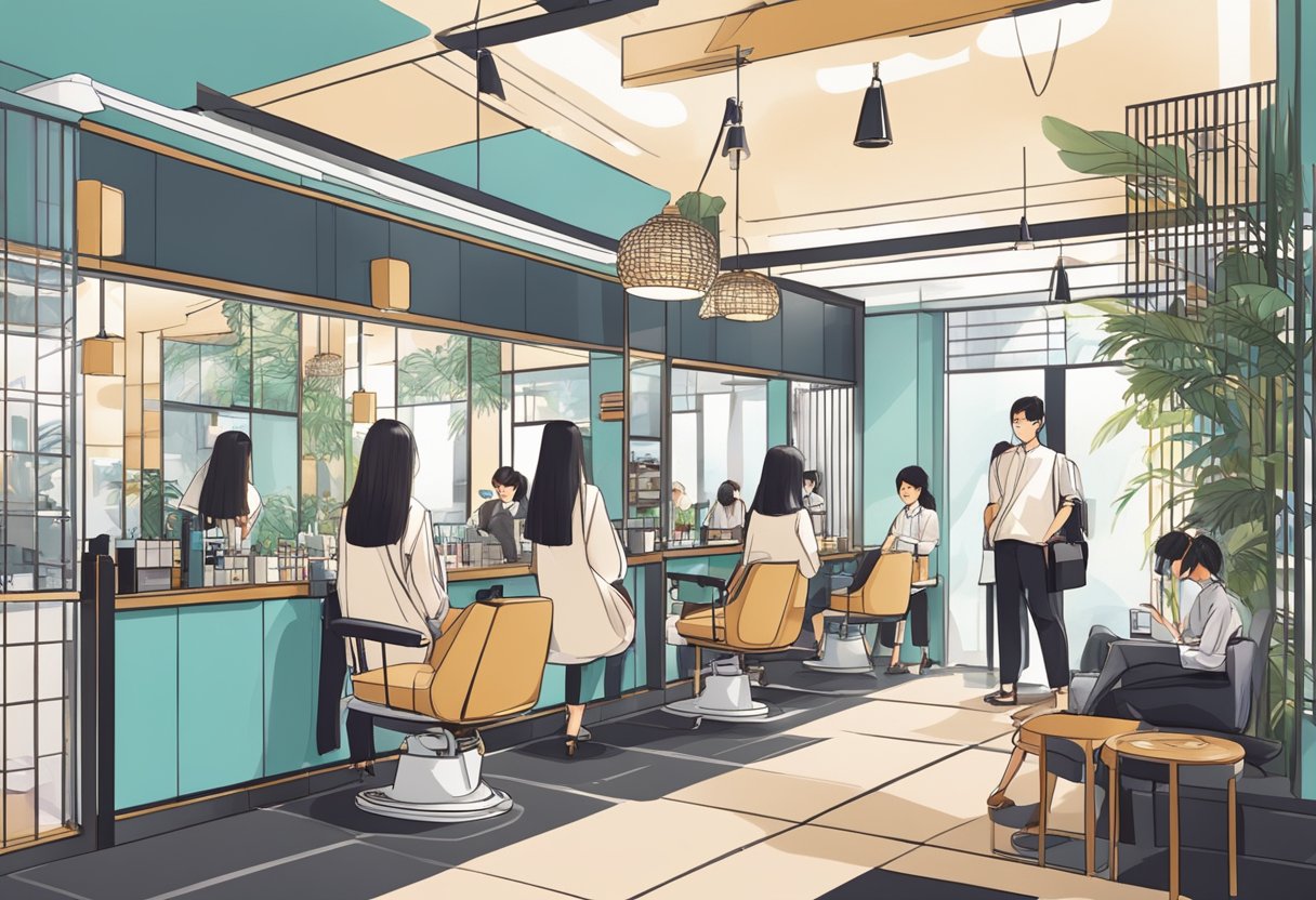 A busy Japanese hair salon in Singapore, with customers and stylists chatting and working. Bright and modern interior with Japanese decor