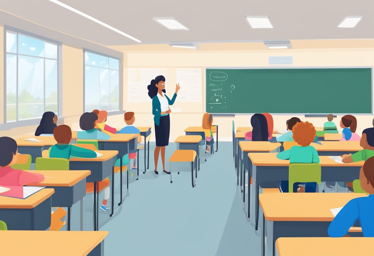 A brightly lit classroom with a whiteboard and rows of desks, a friendly teacher answering questions from attentive students
