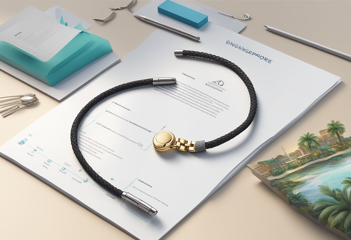 A sleek, modern bracelet displayed next to a list of services and considerations in Singapore