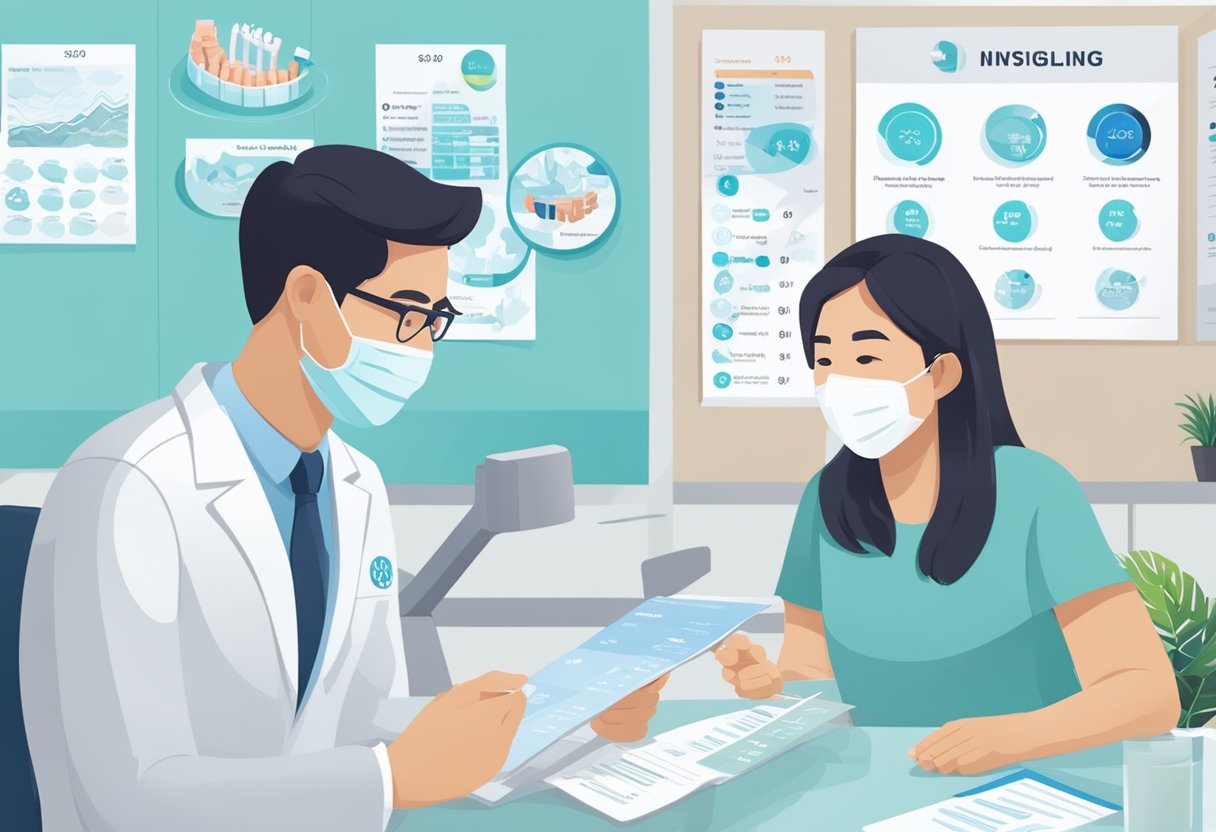 A dental clinic in Singapore displays Invisalign pricing charts and brochures, with a dentist consulting a patient in the background